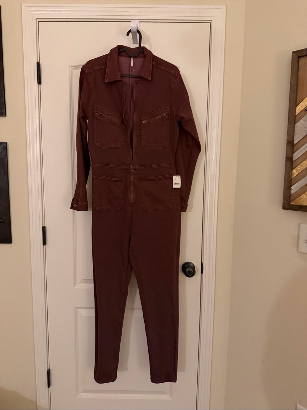 NWT Free People Fitted Zip Front Coverall Jumpsuit Brown Stretch Utility Size M